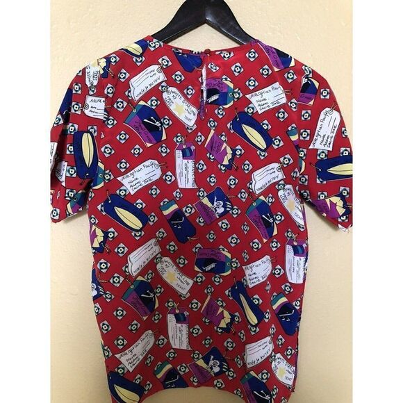 Vintage Kathie Lee Collection Travel Novelty Print Red Blouse Size 4 - Picture 1 of 8